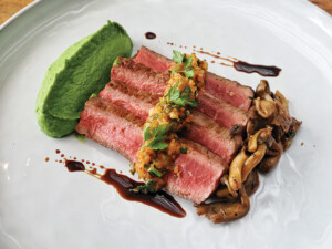 Bulgogi Beef With An Edamame Puree Roasted Eggplant Miso And Kimchee Chimichurri